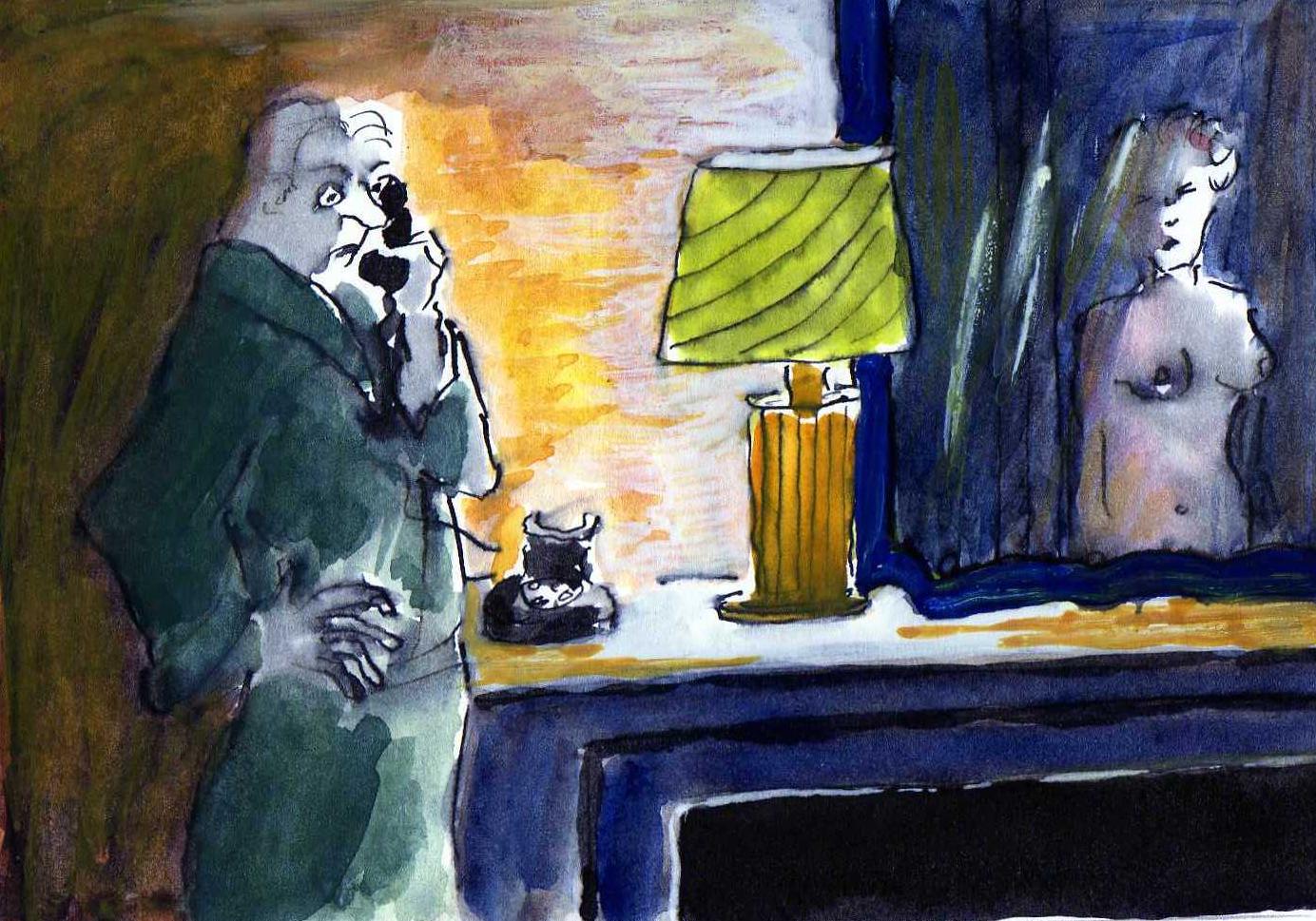schilderij van een man aan de telefoon met een blote dame op de achtergrond